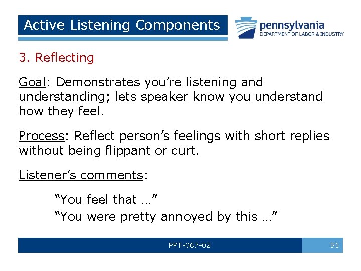 Active Listening Components 3. Reflecting Goal: Demonstrates you’re listening and understanding; lets speaker know