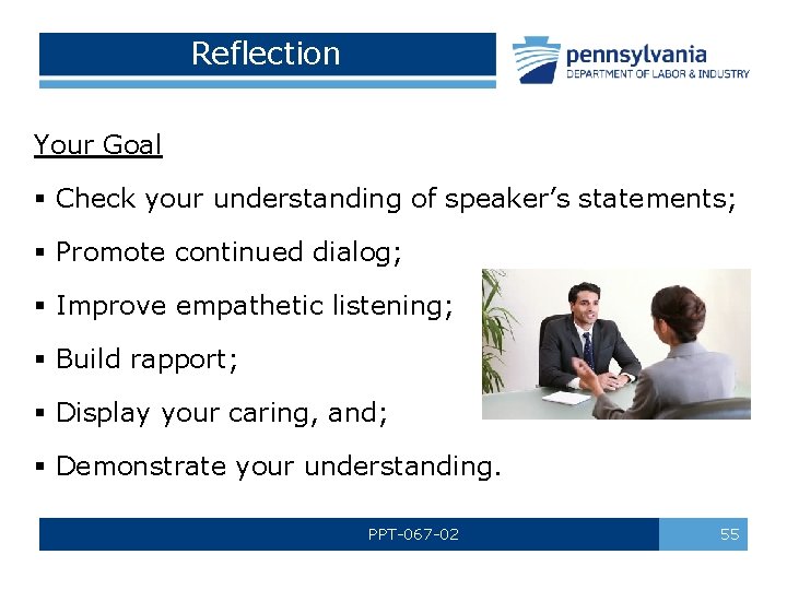 Reflection Your Goal § Check your understanding of speaker’s statements; § Promote continued dialog;