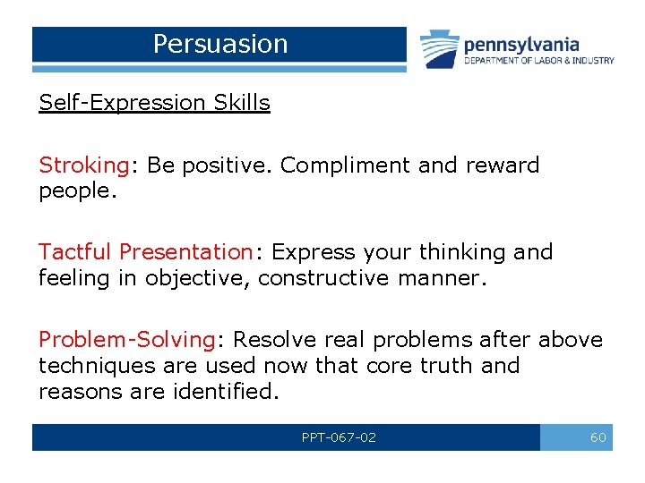 Persuasion Self-Expression Skills Stroking: Be positive. Compliment and reward people. Tactful Presentation: Express your