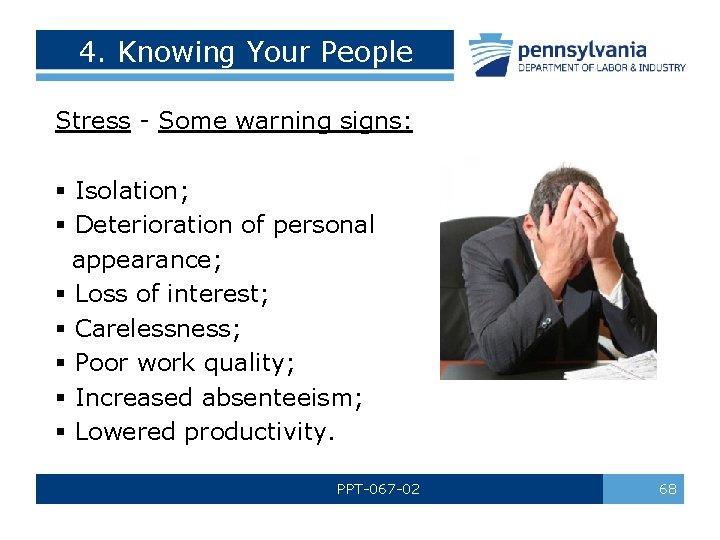 4. Knowing Your People Stress - Some warning signs: § Isolation; § Deterioration of
