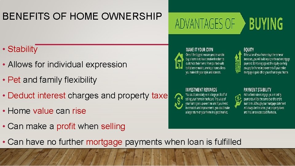 BENEFITS OF HOME OWNERSHIP • Stability • Allows for individual expression • Pet and