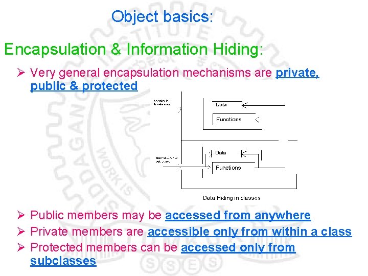 Object basics: Encapsulation & Information Hiding: Ø Very general encapsulation mechanisms are private, public