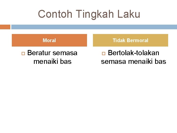 Contoh Tingkah Laku Moral Beratur semasa menaiki bas Tidak Bermoral Bertolak-tolakan semasa menaiki bas