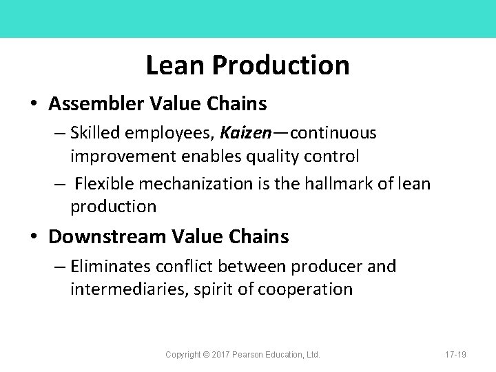 Lean Production • Assembler Value Chains – Skilled employees, Kaizen—continuous improvement enables quality control