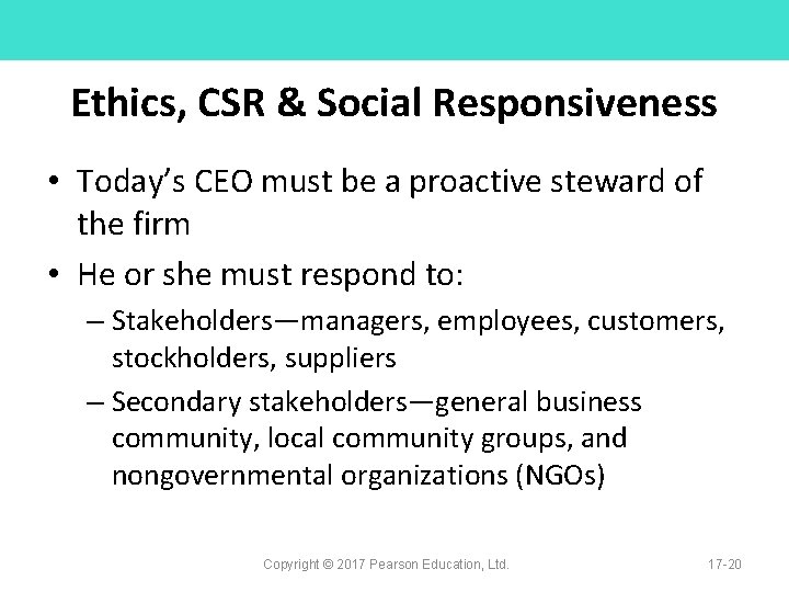 Ethics, CSR & Social Responsiveness • Today’s CEO must be a proactive steward of