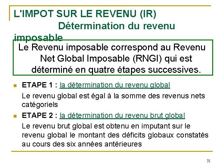 L'IMPOT SUR LE REVENU (IR) Détermination du revenu imposable Le Revenu imposable correspond au