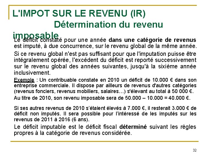 L'IMPOT SUR LE REVENU (IR) Détermination du revenu imposable Le déficit constaté pour une