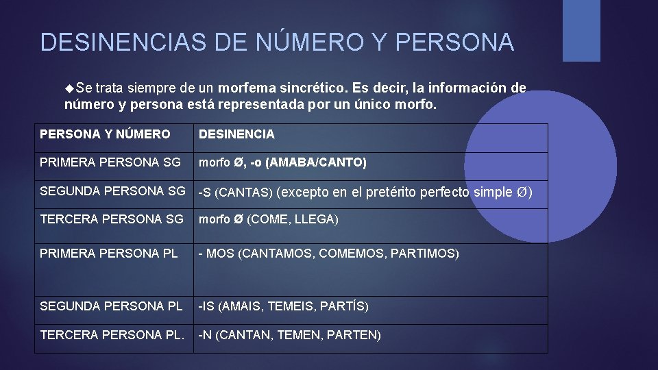 DESINENCIAS DE NÚMERO Y PERSONA Se trata siempre de un morfema sincrético. Es decir,