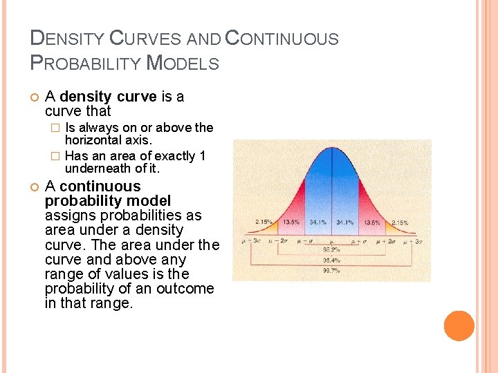 DENSITY CURVES AND CONTINUOUS PROBABILITY MODELS A density curve is a curve that Is