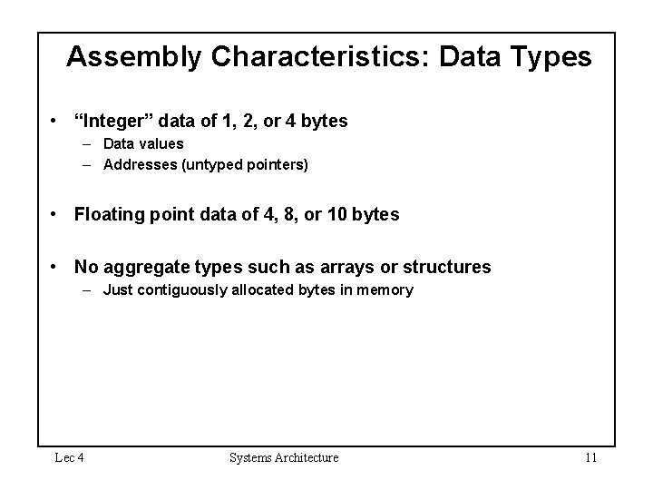 Assembly Characteristics: Data Types • “Integer” data of 1, 2, or 4 bytes –