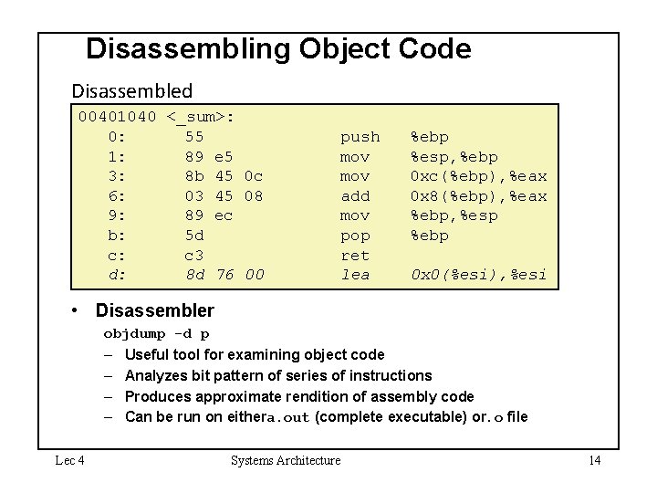 Disassembling Object Code Disassembled 00401040 <_sum>: 0: 55 1: 89 e 5 3: 8