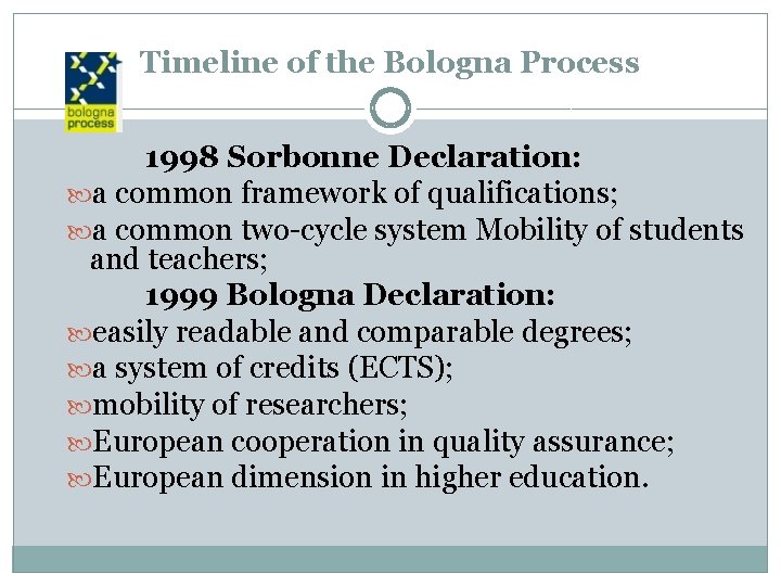 Timeline of the Bologna Process 1998 Sorbonne Declaration: a common framework of qualifications; a