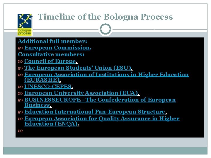 Timeline of the Bologna Process Additional full member: European Commission. Consultative members: Council of