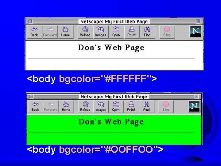 <body bgcolor="#FFFFFF"> <body bgcolor="#OOFFOO"> <body bgcolor="#FFFFFF"> <body bgcolor="#OOFFOO">