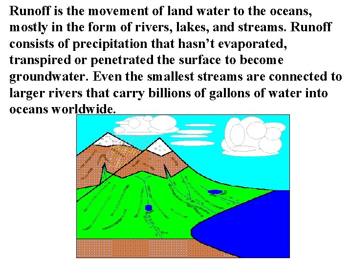 Runoff is the movement of land water to the oceans, mostly in the form