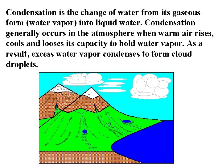 Condensation is the change of water from its gaseous form (water vapor) into liquid