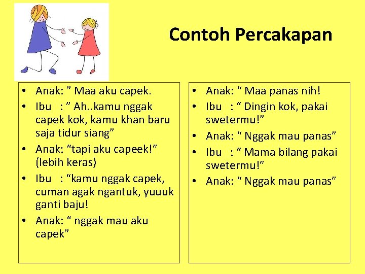 Contoh Percakapan • Anak: ” Maa aku capek. • Ibu : ” Ah. .