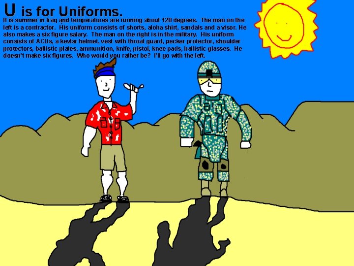 U is for Uniforms. It is summer in Iraq and temperatures are running about
