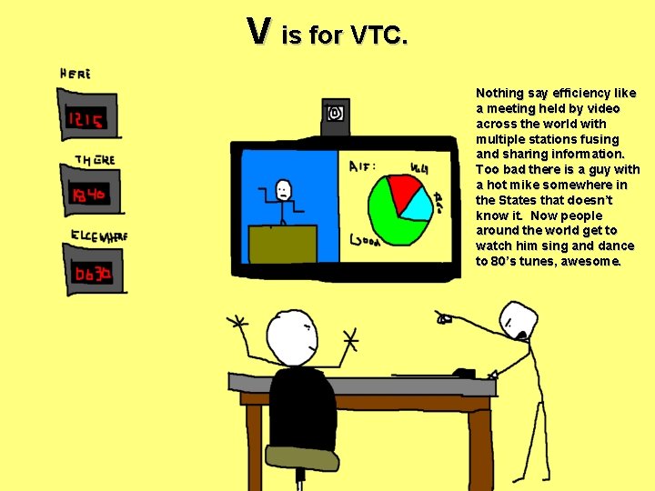 V is for VTC. Nothing say efficiency like a meeting held by video across