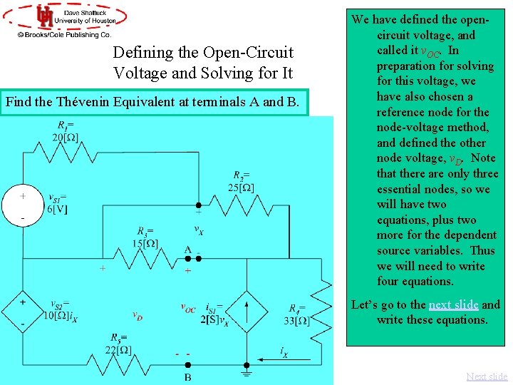 Defining the Open-Circuit Voltage and Solving for It Find the Thévenin Equivalent at terminals