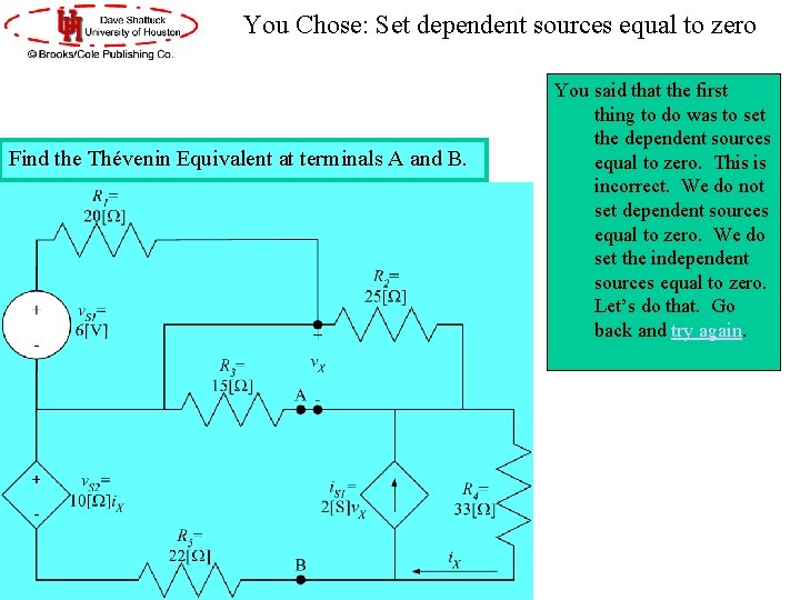 You Chose: Set dependent sources equal to zero Find the Thévenin Equivalent at terminals