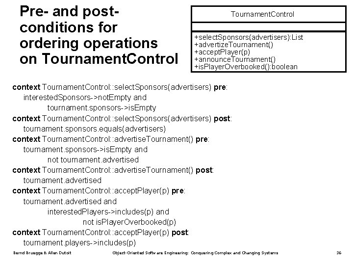 Pre- and postconditions for ordering operations on Tournament. Control +select. Sponsors(advertisers): List +advertize. Tournament()