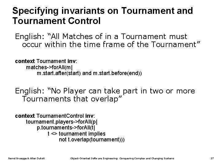 Specifying invariants on Tournament and Tournament Control English: “All Matches of in a Tournament