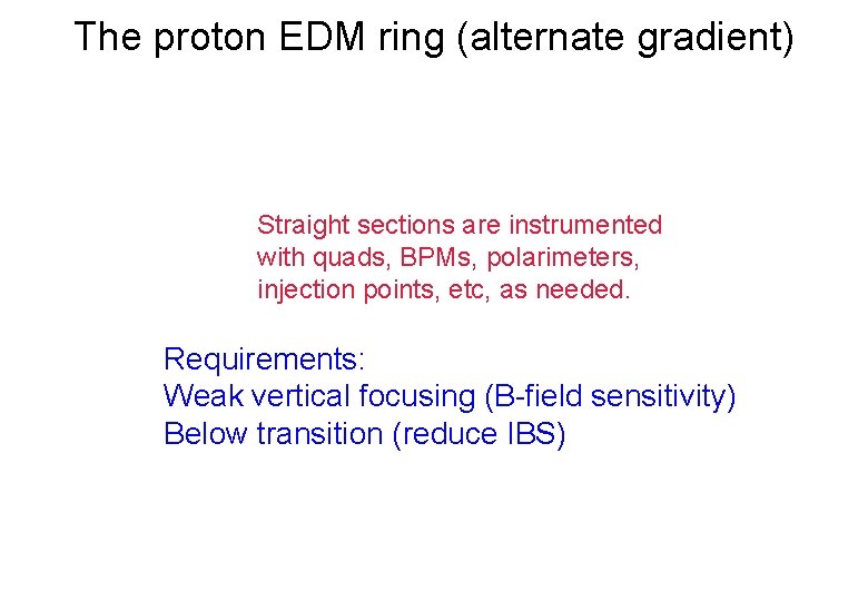The proton EDM ring (alternate gradient) Straight sections are instrumented with quads, BPMs, polarimeters,