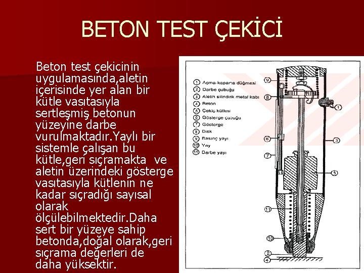 BETON TEST ÇEKİCİ Beton test çekicinin uygulamasında, aletin içerisinde yer alan bir kütle vasıtasıyla