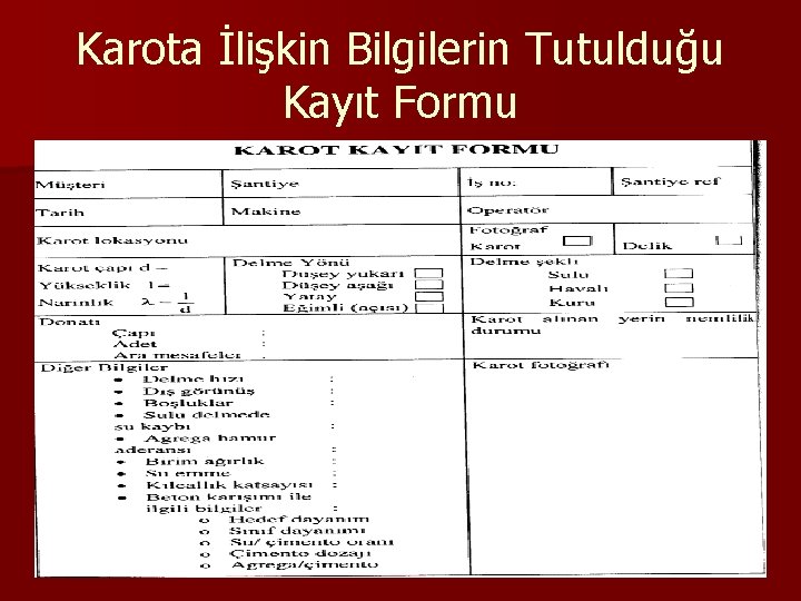 Karota İlişkin Bilgilerin Tutulduğu Kayıt Formu 