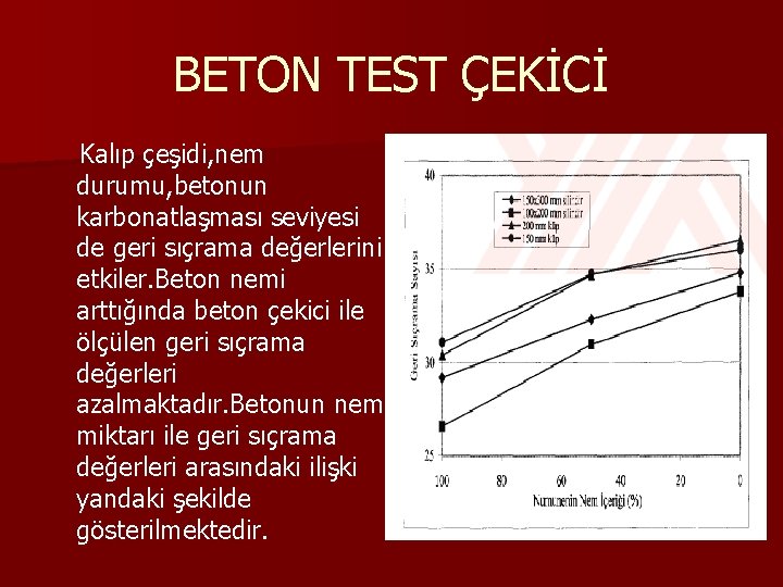 BETON TEST ÇEKİCİ Kalıp çeşidi, nem durumu, betonun karbonatlaşması seviyesi de geri sıçrama değerlerini