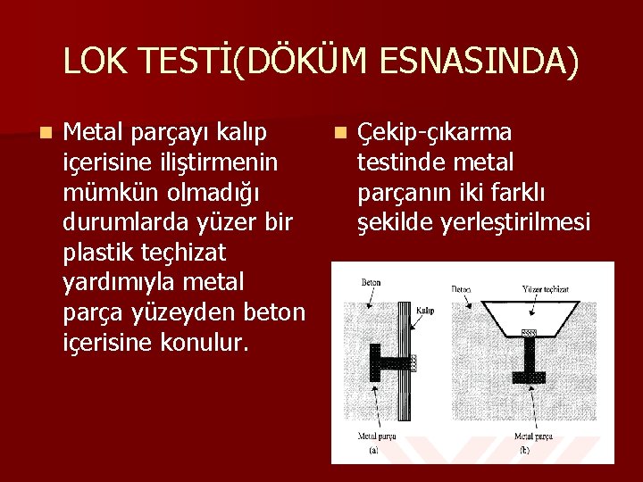 LOK TESTİ(DÖKÜM ESNASINDA) n Metal parçayı kalıp içerisine iliştirmenin mümkün olmadığı durumlarda yüzer bir