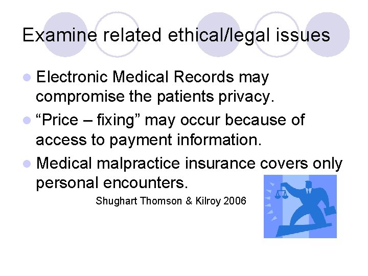 Examine related ethical/legal issues l Electronic Medical Records may compromise the patients privacy. l