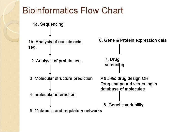 Bioinformatics Flow Chart 1 a. Sequencing 1 b. Analysis of nucleic acid seq. 6.