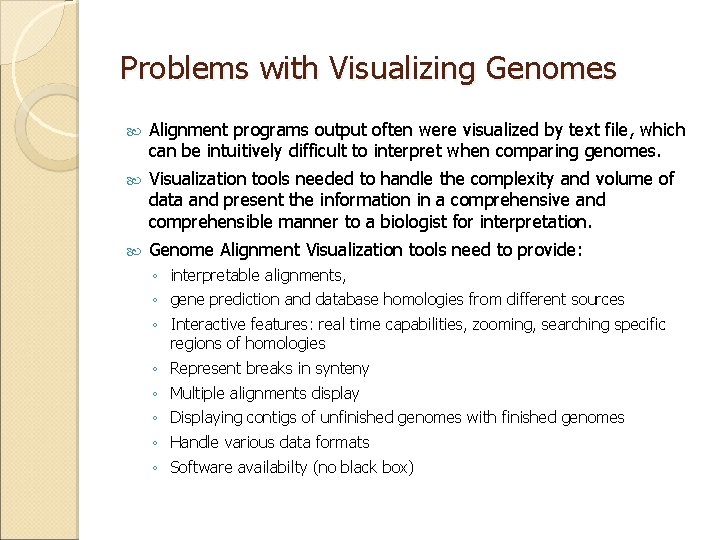 Problems with Visualizing Genomes Alignment programs output often were visualized by text file, which