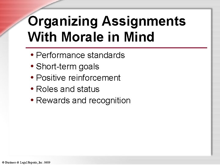 Organizing Assignments With Morale in Mind • Performance standards • Short-term goals • Positive