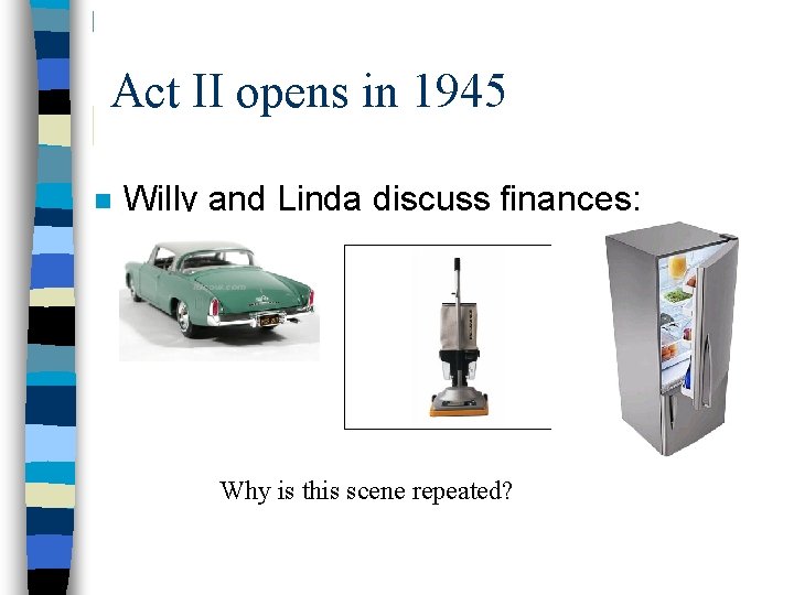 Act II opens in 1945 n Willy and Linda discuss finances: Why is this