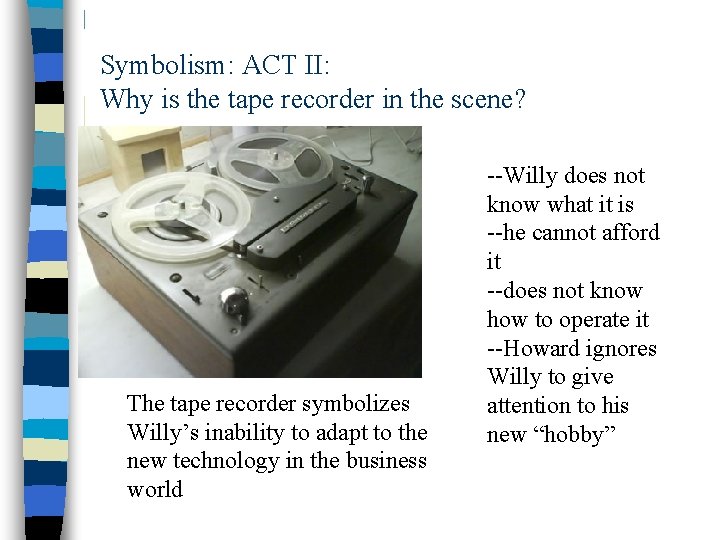 Symbolism: ACT II: Why is the tape recorder in the scene? The tape recorder