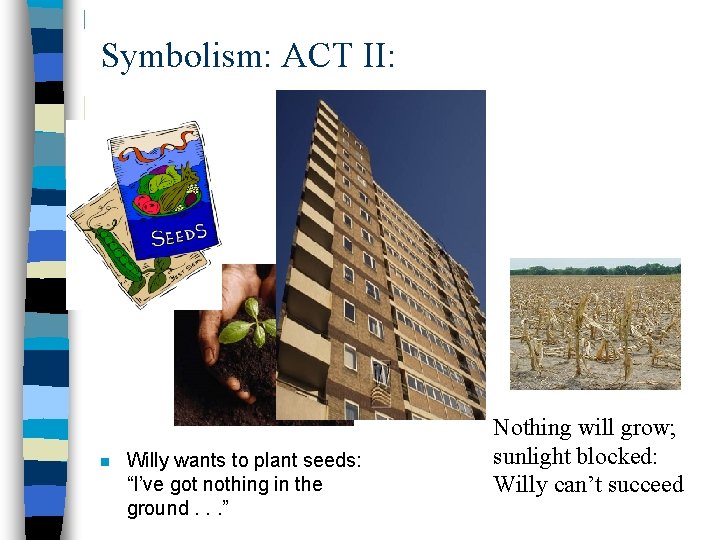 Symbolism: ACT II: n Willy wants to plant seeds: “I’ve got nothing in the