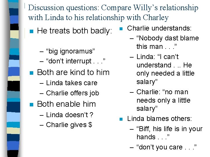 Discussion questions: Compare Willy’s relationship with Linda to his relationship with Charley n He