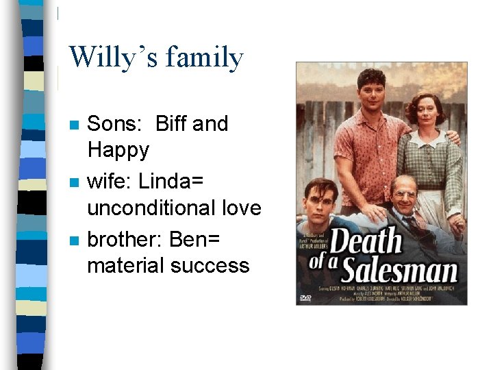 Willy’s family n n n Sons: Biff and Happy wife: Linda= unconditional love brother: