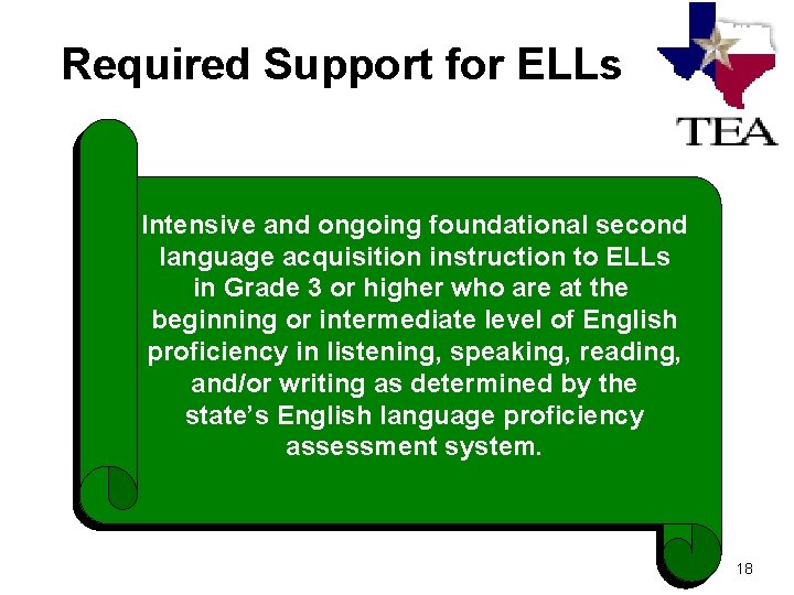 Required Support for ELLs Intensive and ongoing foundational second language acquisition instruction to ELLs