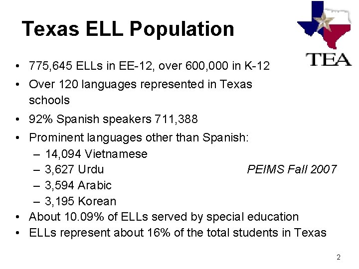 Texas ELL Population • 775, 645 ELLs in EE-12, over 600, 000 in K-12