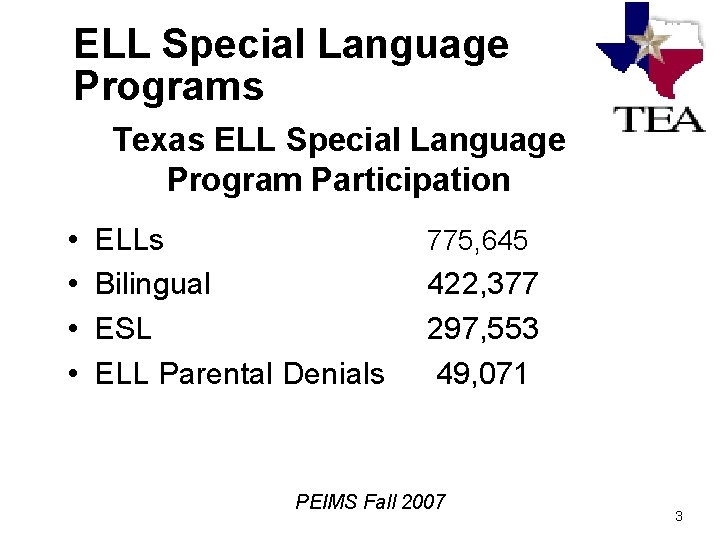 ELL Special Language Programs Texas ELL Special Language Program Participation • • ELLs Bilingual