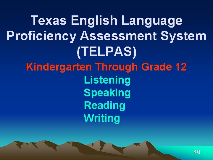 Texas English Language Proficiency Assessment System (TELPAS) Kindergarten Through Grade 12 Listening Speaking Reading