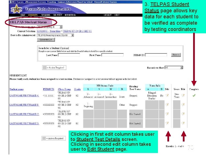 3. TELPAS Student Status page allows key data for each student to be verified