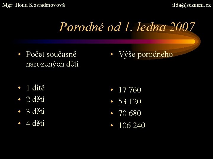 Mgr. Ilona Kostadinovová ilda@seznam. cz Porodné od 1. ledna 2007 • Počet současně narozených
