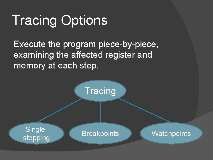 Tracing Options Execute the program piece-by-piece, examining the affected register and memory at each