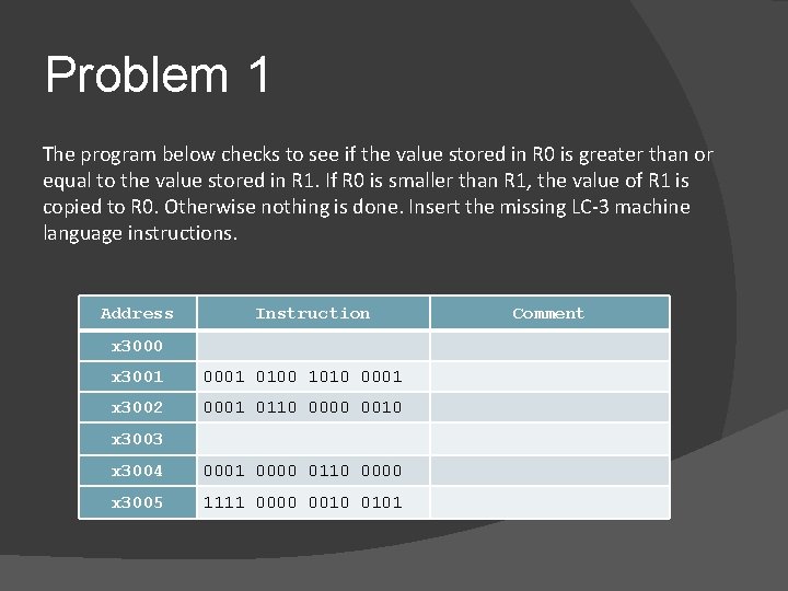 Problem 1 The program below checks to see if the value stored in R
