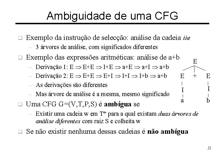 Ambiguidade de uma CFG q Exemplo da instrução de selecção: análise da cadeia iie